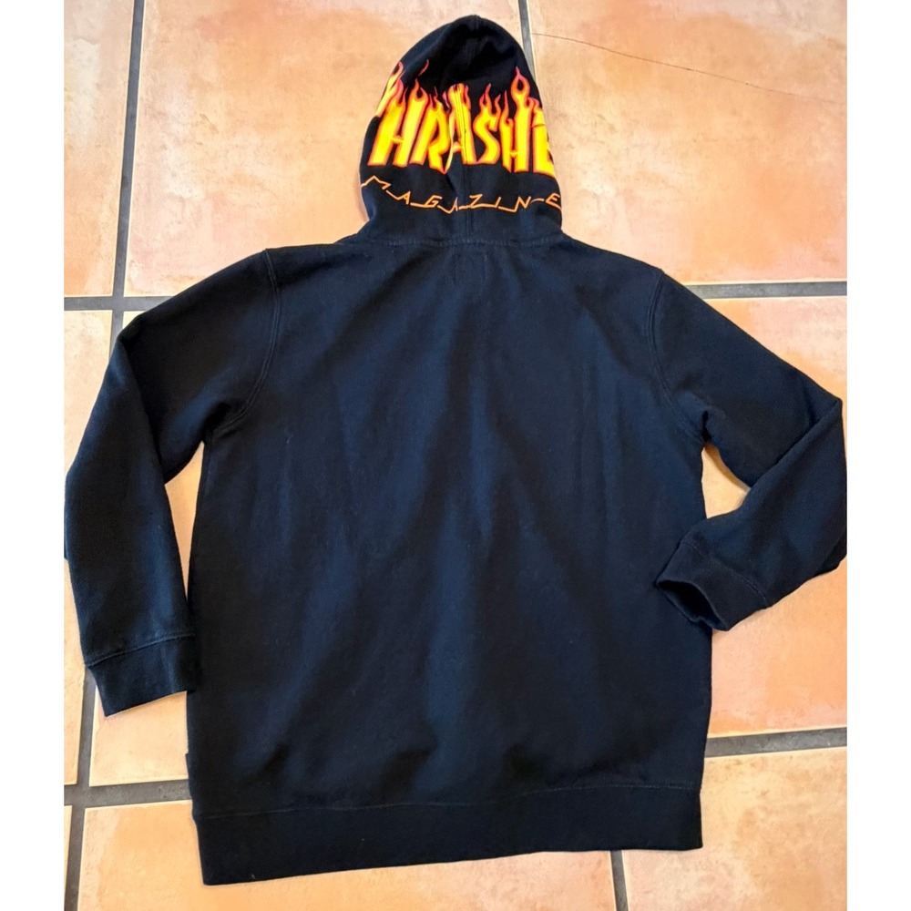 Y2K Vans X Thrasher Magazine Mens Hoodie Large Black Distressed Skateboarding